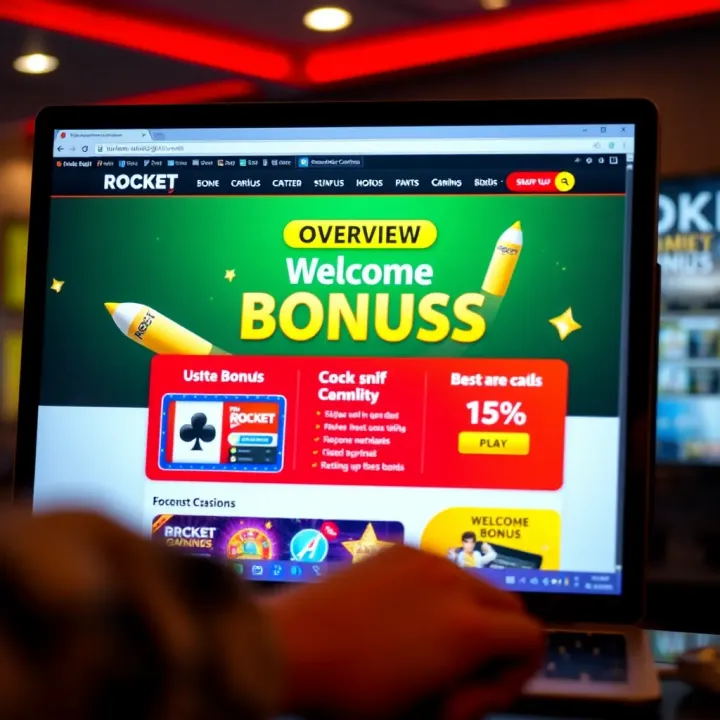Computer screen displaying welcome bonus details on Rocket Casino site