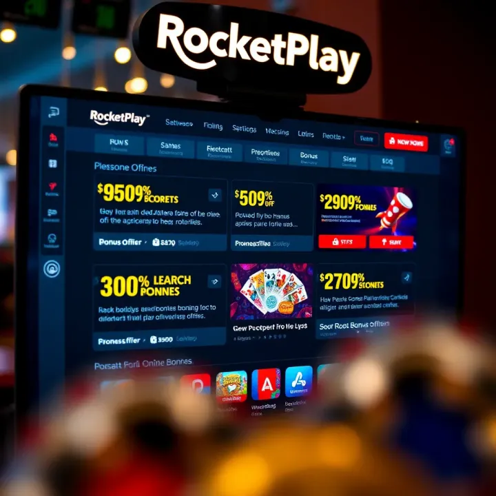 A digital screen showing RocketPlay online casino bonus offers and promotional codes