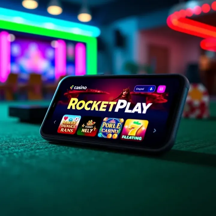 RocketPlay Casino App Interface on Mobile Device Mobile device displaying RocketPlay Casino app interface with vibrant casino game icons