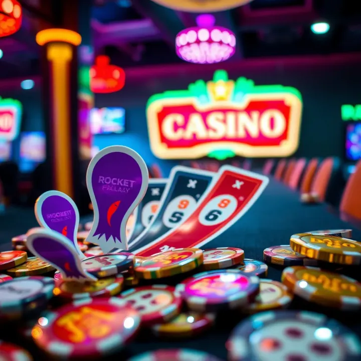 Colorful casino tokens and bonus code cards glowing under vibrant lights