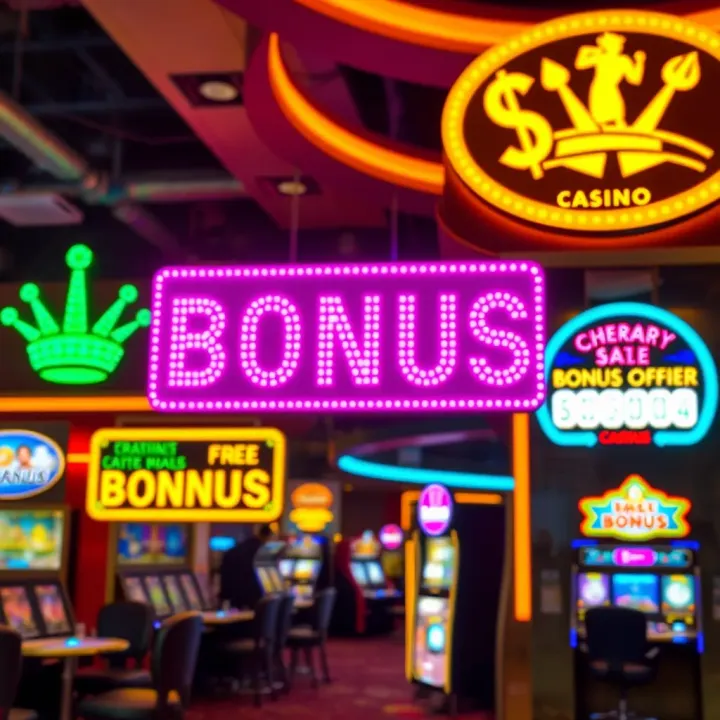 Bright neon signs highlighting casino bonus offers with sparkling effects