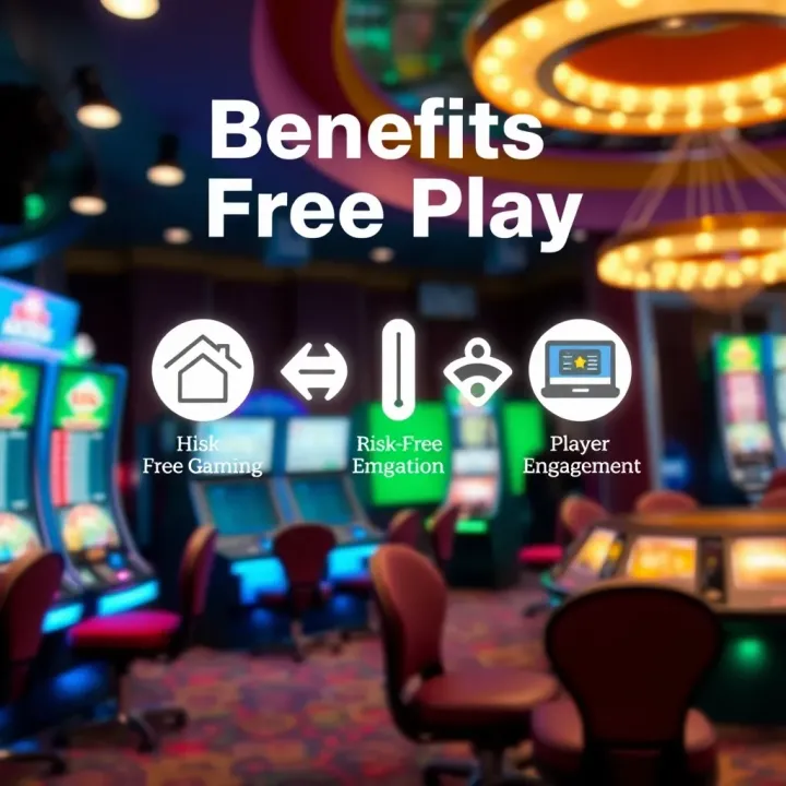 Benefits of Free Play in Online Casino Environment Graphic depicting benefits of free play at an online casino with icons representing risk-free gaming and player engagement