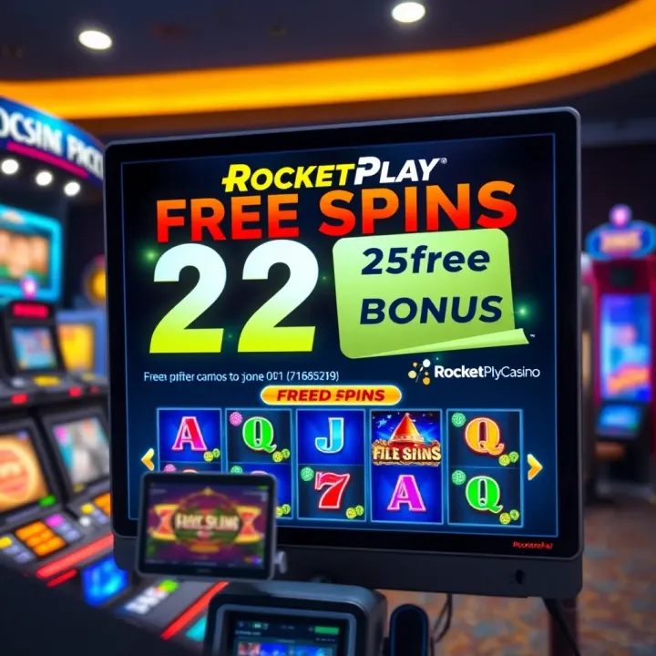 RocketPlay Casino interface showcasing a free spins bonus offer with vibrant slot game icons