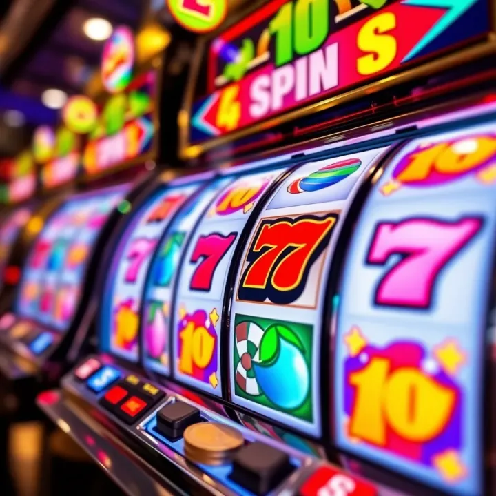 Vibrant Slot Machine Reels at Rocketplay Casino Colorful slot machine reels spinning with vibrant symbols and coins