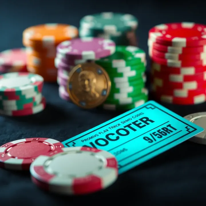 Colorful casino chips and a glowing promo code voucher on a dark background