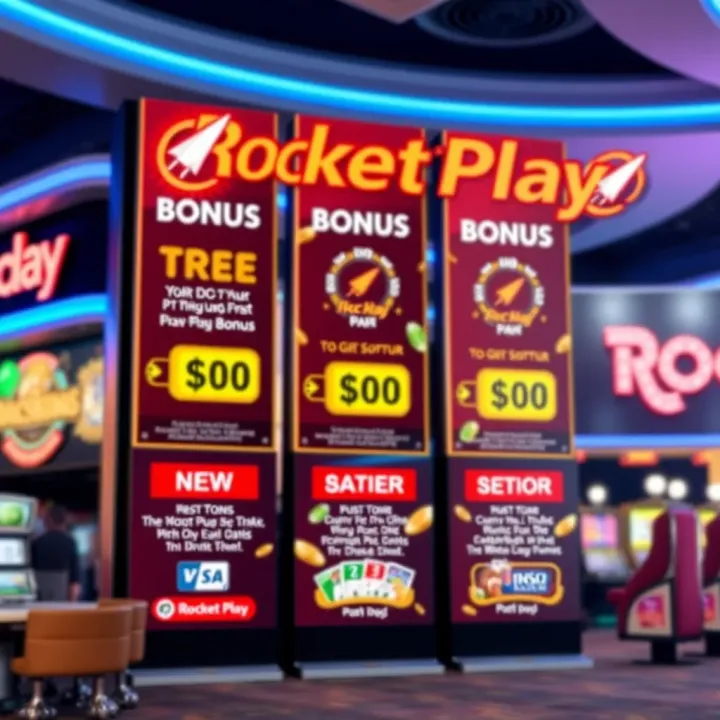 Bright promotional banners highlighting RocketPlay Casino bonuses and payment options