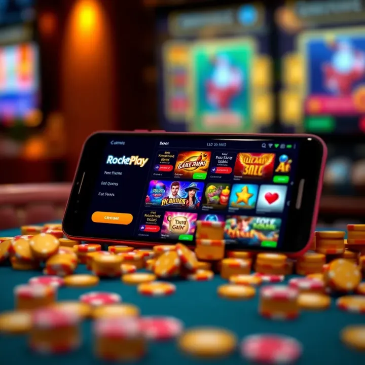 Mobile phone displaying a vibrant Rocketplay Mobile Casino interface with colorful game icons and navigation options