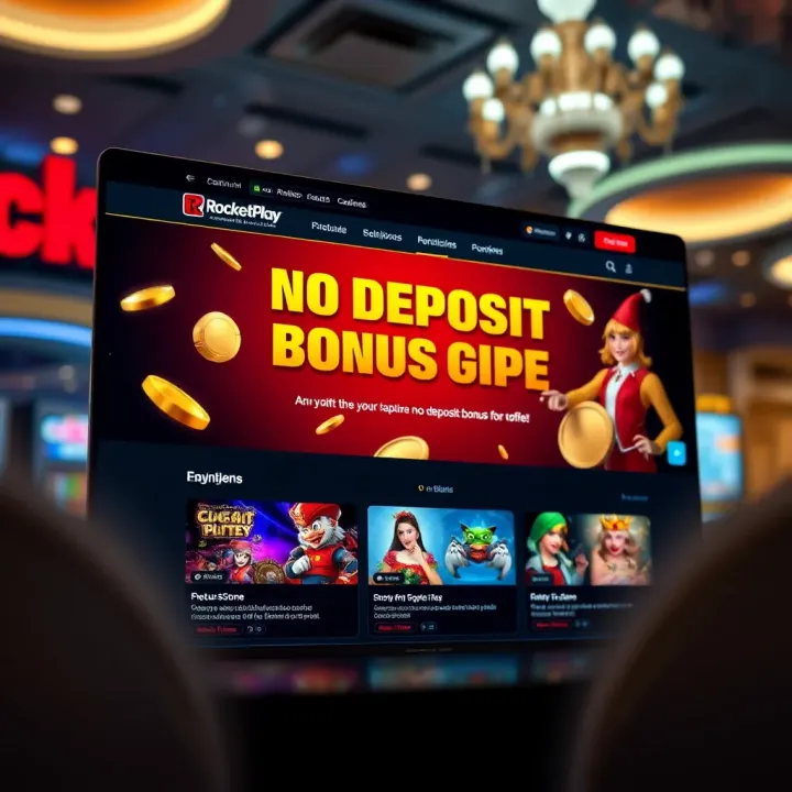 RocketPlay casino website showcasing no deposit bonus offer on homepage