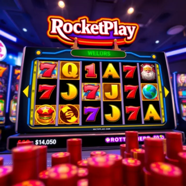 RocketPlay slot interface showing reels with vibrant symbols and dynamic gameplay