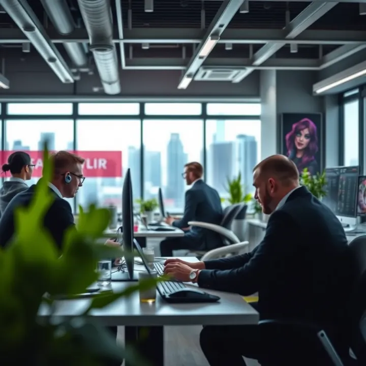 Modern office space with gaming development team collaborating on new features