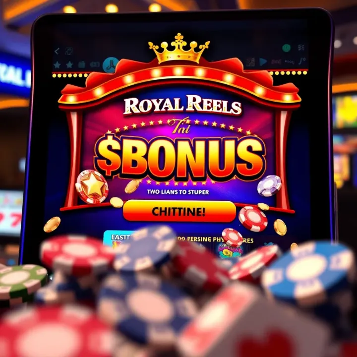 Illustration of a vibrant online casino interface highlighting bonus chip offers on Royal Reels platform