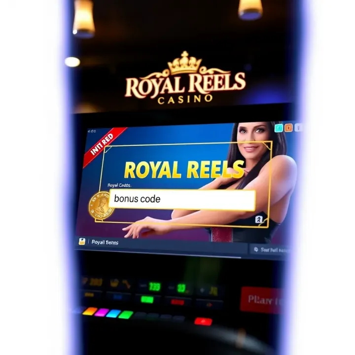 Digital screen showing Royal Reels casino bonus code input