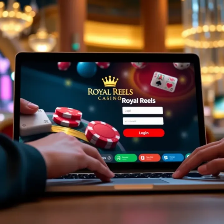 User entering credentials on Royal Reels casino login page on a laptop