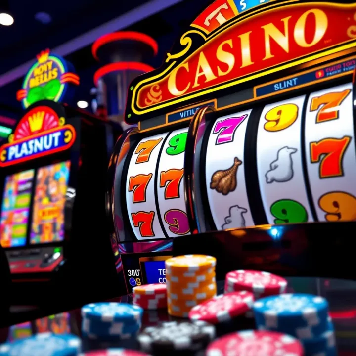 Colorful slot machine reels displaying various symbols with casino chips around