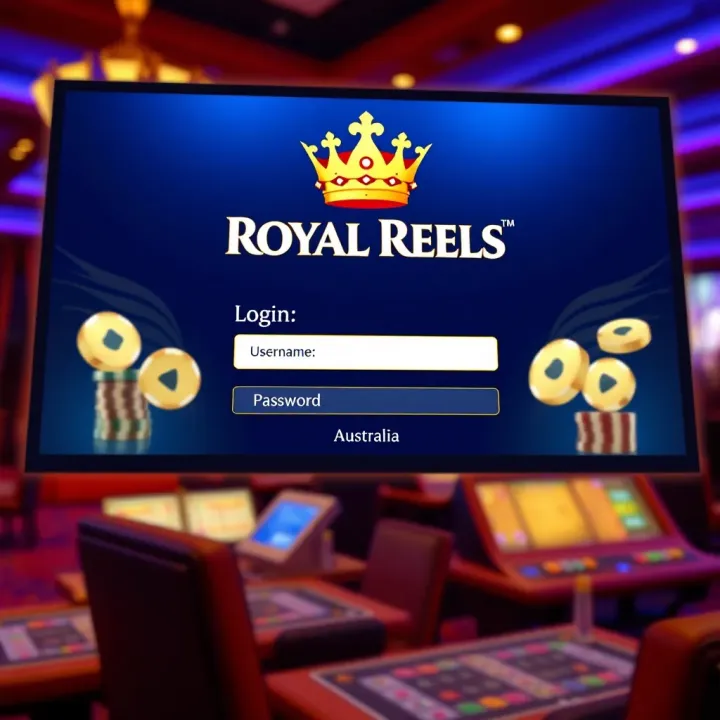 Login screen of Royal Reels showing username and password fields for Australian users
