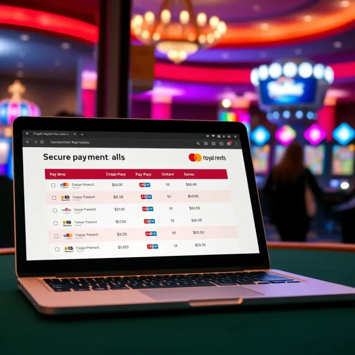 Secure digital payment options displayed on a laptop screen with casino background