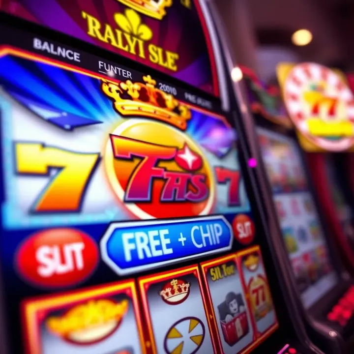 Close-up of online slot game on Royal Reels with free chip balance visible