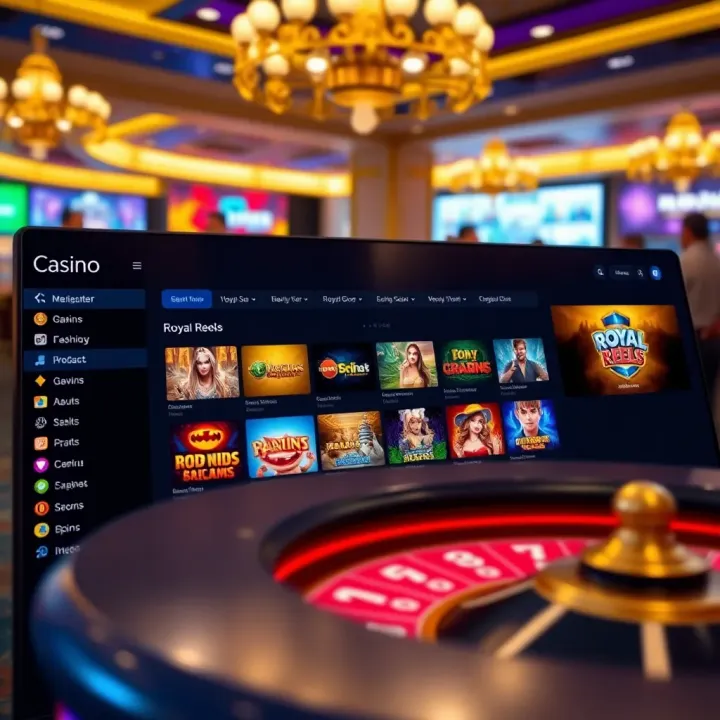 Dashboard of Royal Reels casino platform highlighting navigation menu and game selection