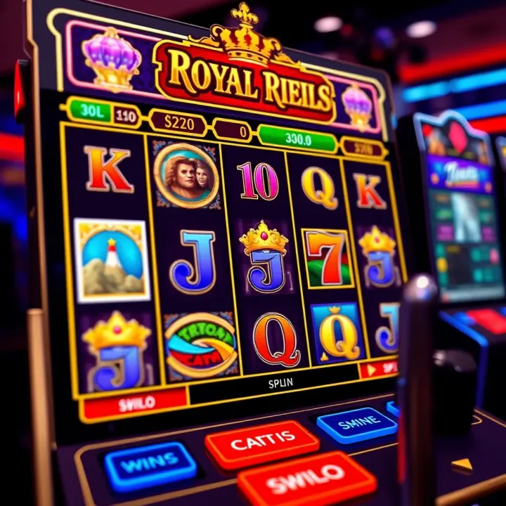 Colorful Royal Reels online pokies interface showing reels with classic symbols and interactive buttons