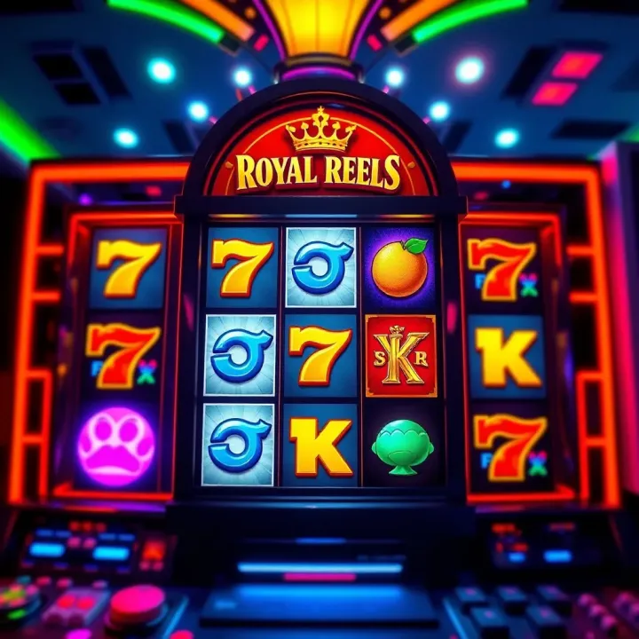 Colorful slot machine reels displaying various classic symbols with vibrant lighting