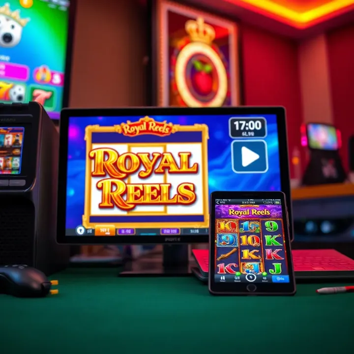Illustration of a smartphone and computer showing the Royal Reels slot game ready for download