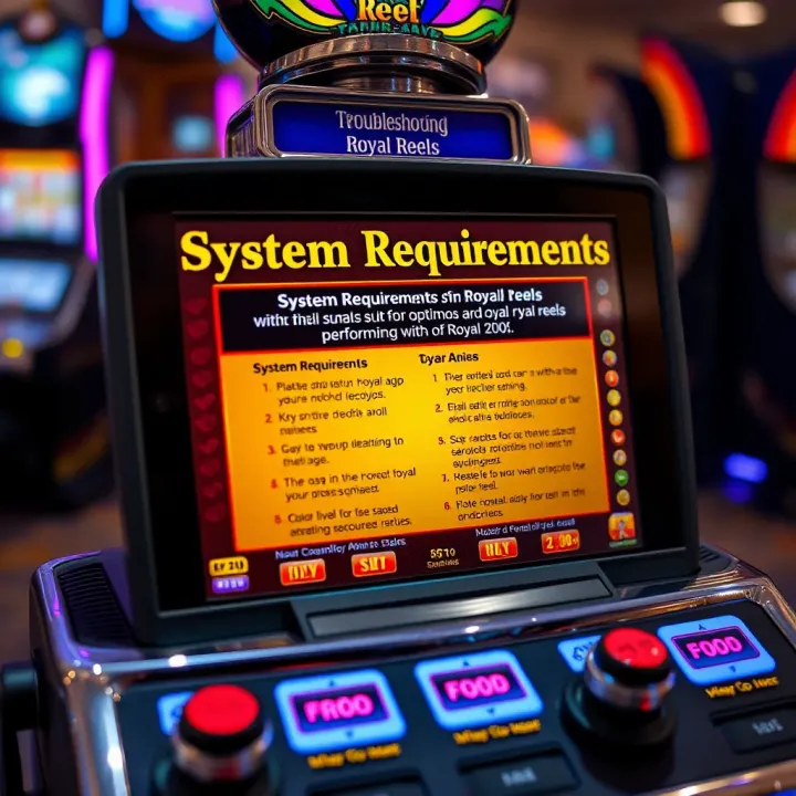 Gaming device displaying system requirements checklist for optimal Royal Reels performance