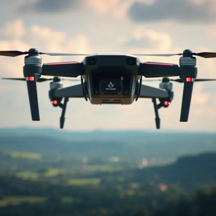 Unmanned aerial vehicle hovering over a landscape with its design features clearly visible