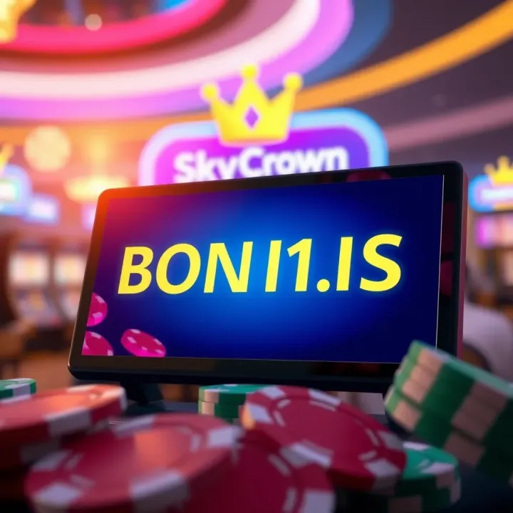 Visual Representation of SkyCrown Casino Bonus Codes and Rewards Illustration of virtual casino chips and a glowing bonus code on a digital screen