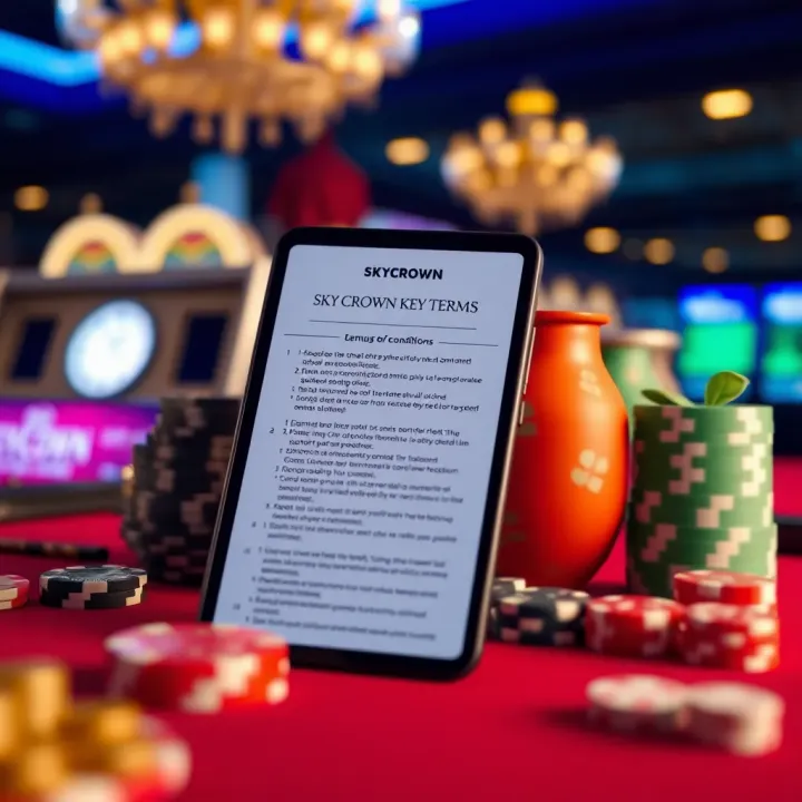 Overview of Key Terms for SkyCrown Casino Bonuses Graphic showing a list of casino bonus terms and conditions alongside a mobile device