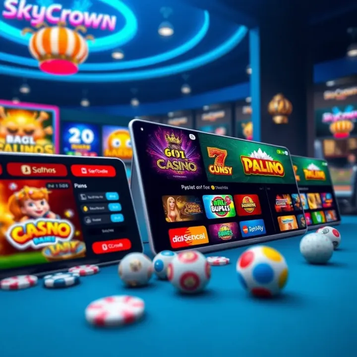 Game Variety and Payment Methods at Skycrown Casino Variety of casino games displayed on multiple devices with payment icons