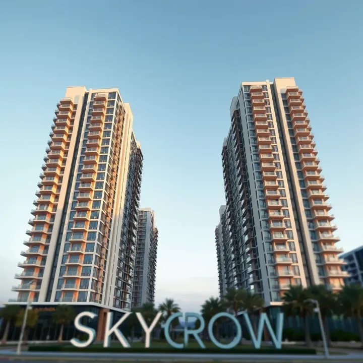 Modern residential towers of SkyCrown Nicosia showcasing sleek architectural design against a clear sky