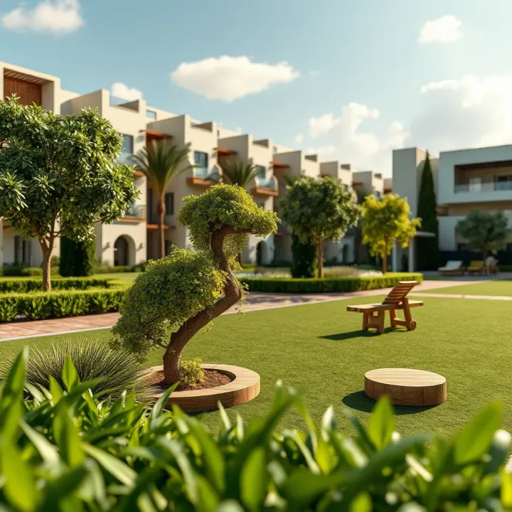Lush green outdoor spaces and recreational amenities within the SkyCrown residential complex