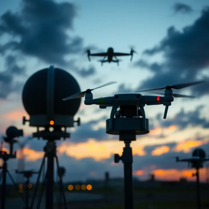 Military radar system detecting an aerial object in a twilight sky