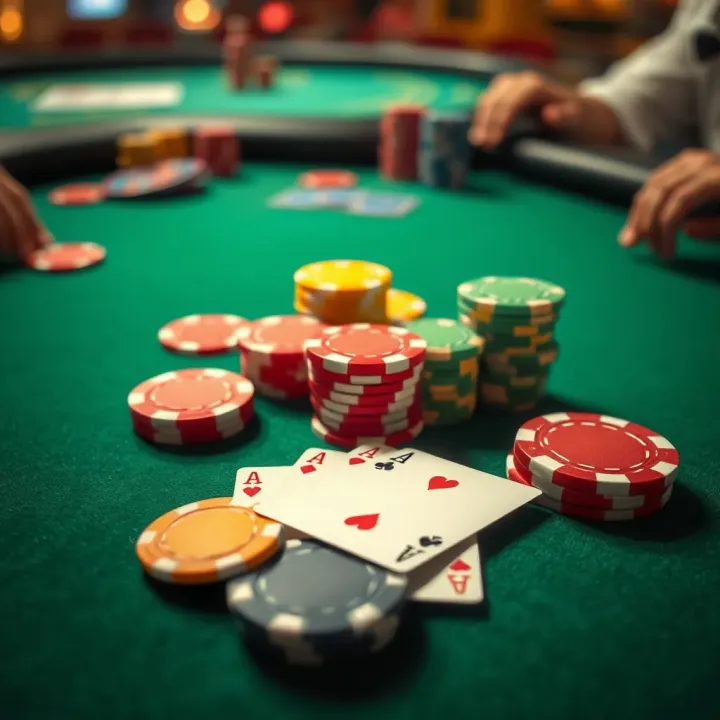 Casino Chips and Playing Cards Representing Online Gambling Colorful casino chips and playing cards on a green felt table symbolizing online gambling