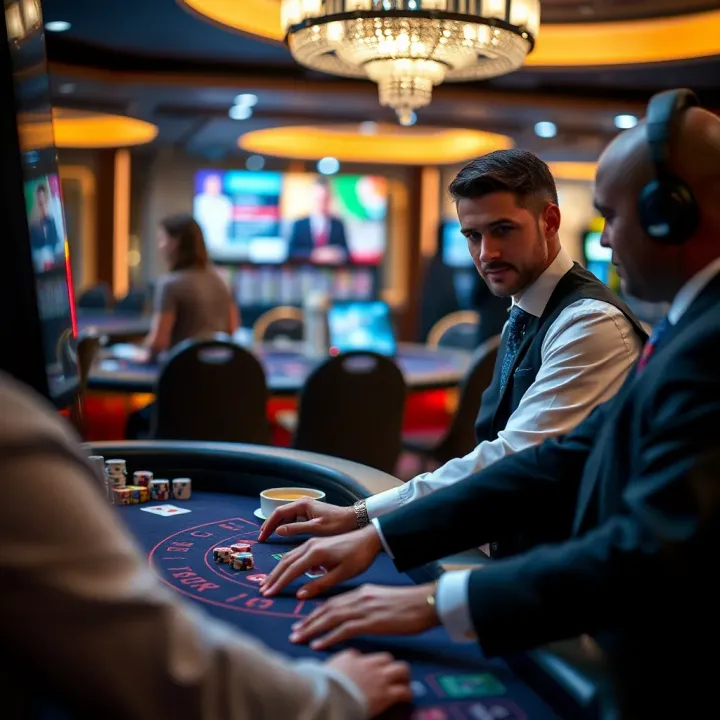 A live blackjack dealer interacting with online players through a video stream in a digital casino setting