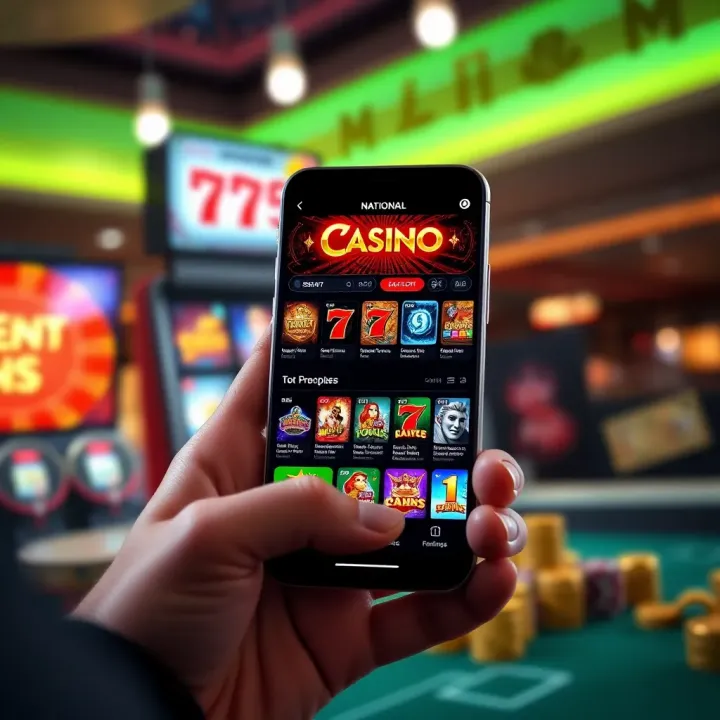 Mobile device displaying a casino app interface with various slot games and betting options