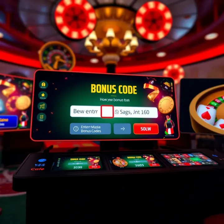 User interface of an online casino platform showing how to enter no deposit bonus codes