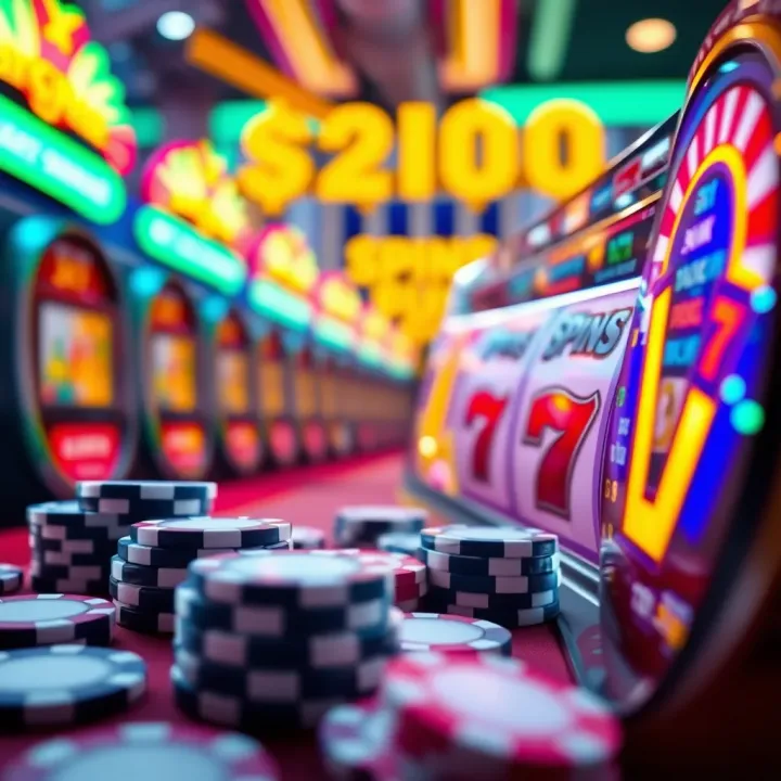 Bright casino chips and sparkling slot machine reels symbolizing bonus rewards