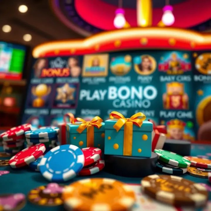 Illustration of various casino bonus icons including chips and gift boxes representing Playamo offers