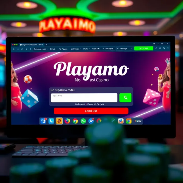 Graphic showing a computer screen displaying Playamo casino website with no deposit bonus code input field