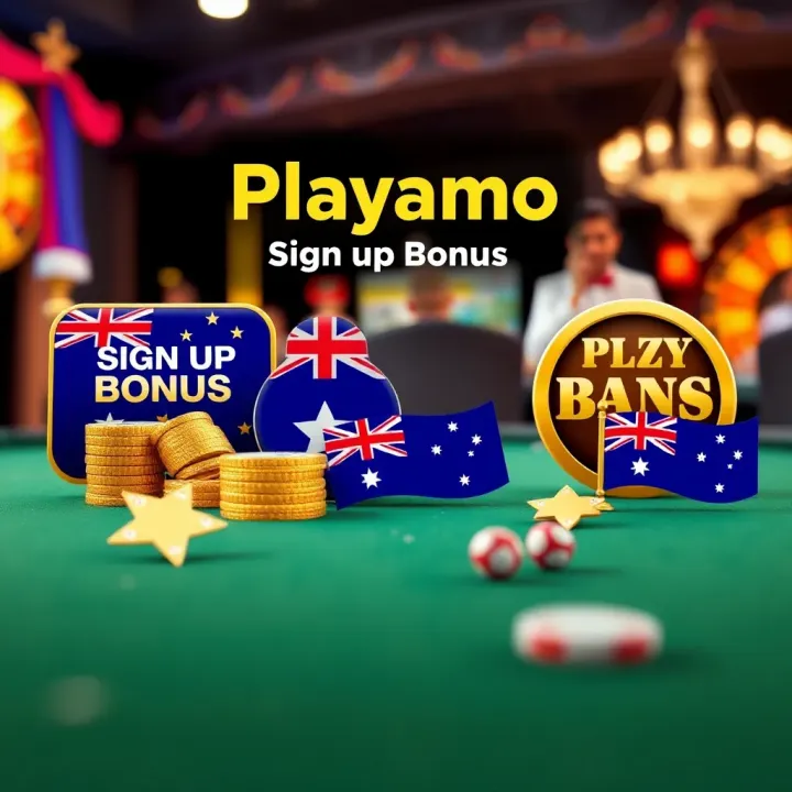 Illustration showing various casino bonus icons and Australian flag elements highlighting Playamo sign up offers
