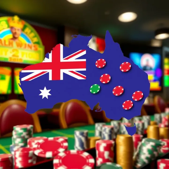 Illustration showing an Australian map with poker chips and coins representing legal pokies betting regions
