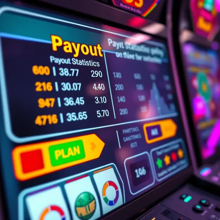 Illustration of a digital interface showing payout statistics and gaming controls on a slot machine