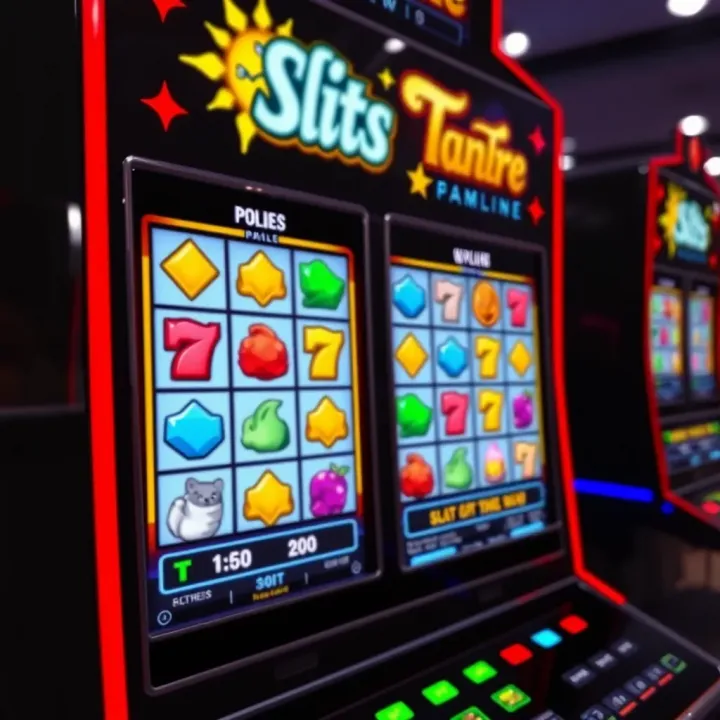 Colorful digital slot machine interface with various symbols and paylines glowing