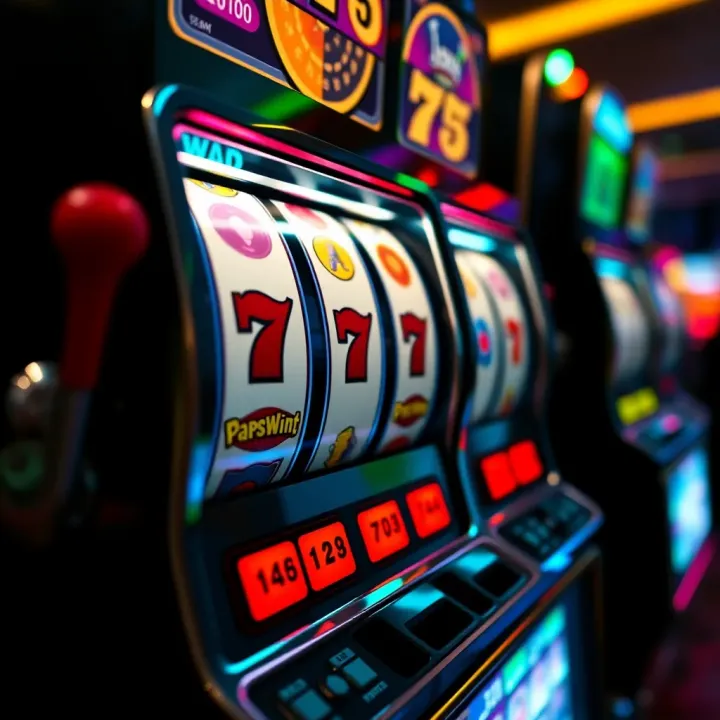Close-up of a classic pokies slot machine with colorful reels and bright lights