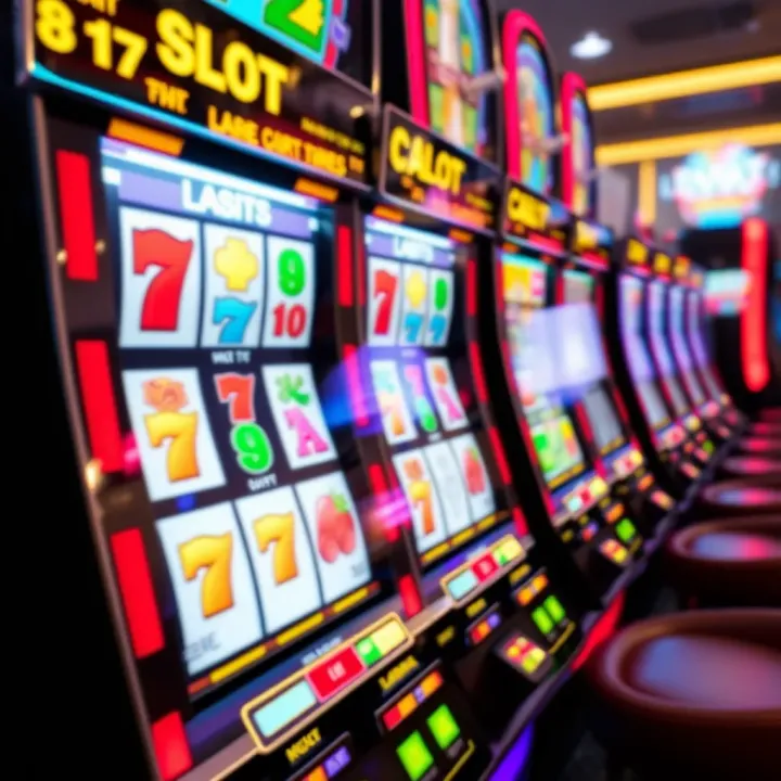 Colorful slot machine reels with various symbols and vibrant lights