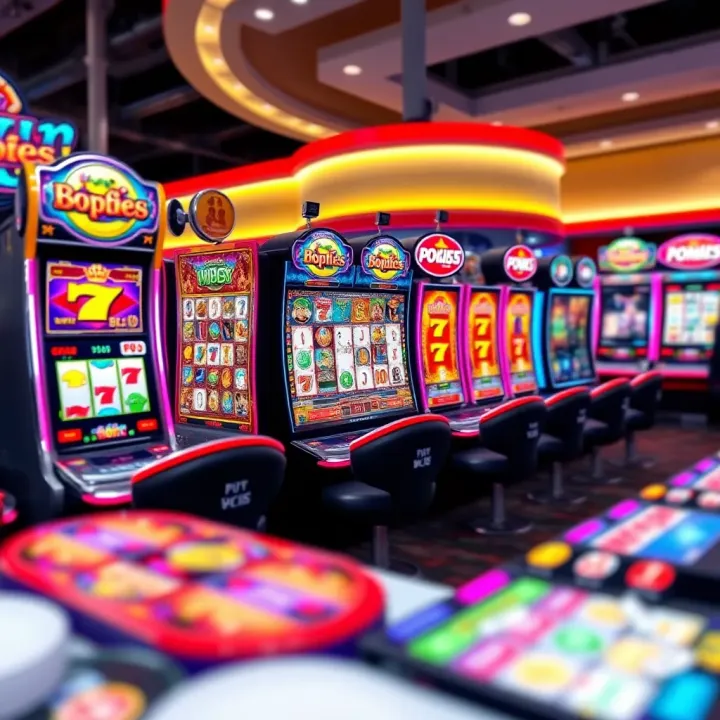 Colorful online pokies game screen featuring multiple reels and vibrant symbols