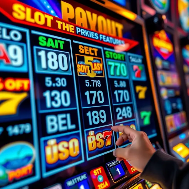 Illustration of a slot machine display showing payout percentages and game features