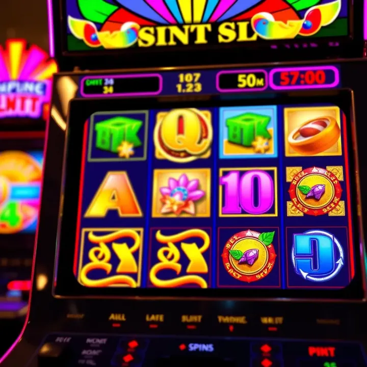 Colorful online slot machine interface displaying various symbols and bonus features
