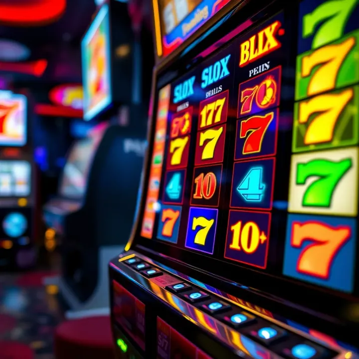 Colorful slot machine reels displaying various symbols on a casino floor